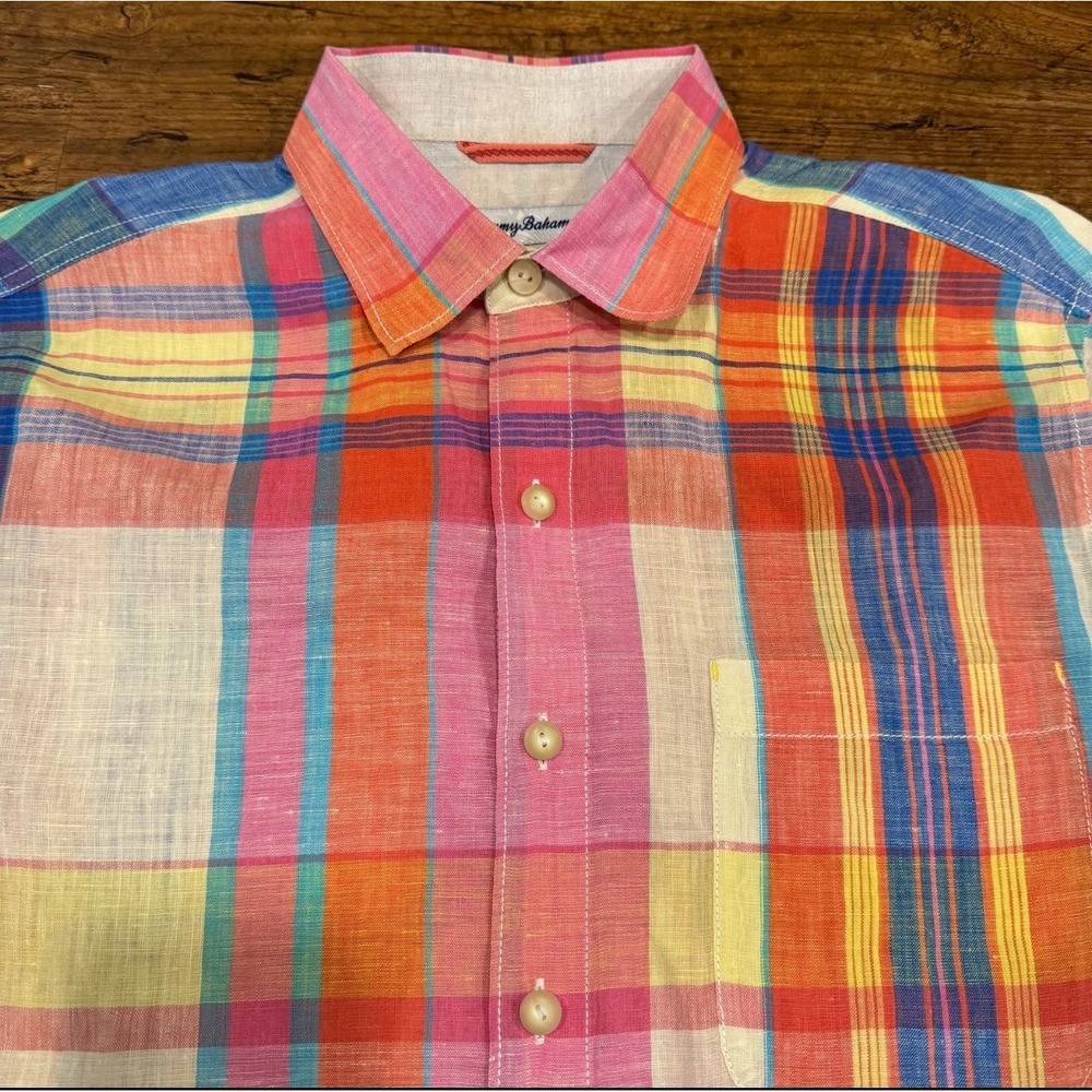 Tommy Bahama Multicolor Beach Plaid Linen Short Sleeve Button Up Shirt Men's M